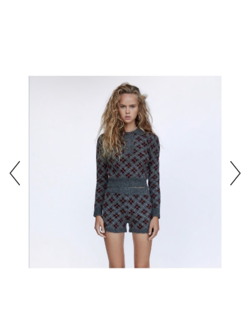 Zara Gray Knit Burgundy Argyle Diamond Detail Wool Blend Shorts - Picture 3 of 6